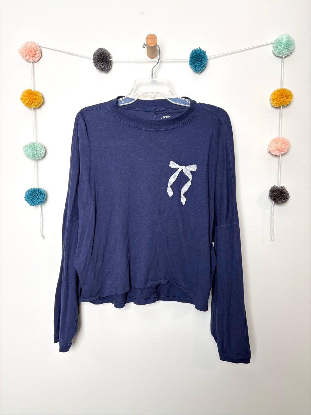 Aerie Navy White Bow Long Sleeve Mockneck Top